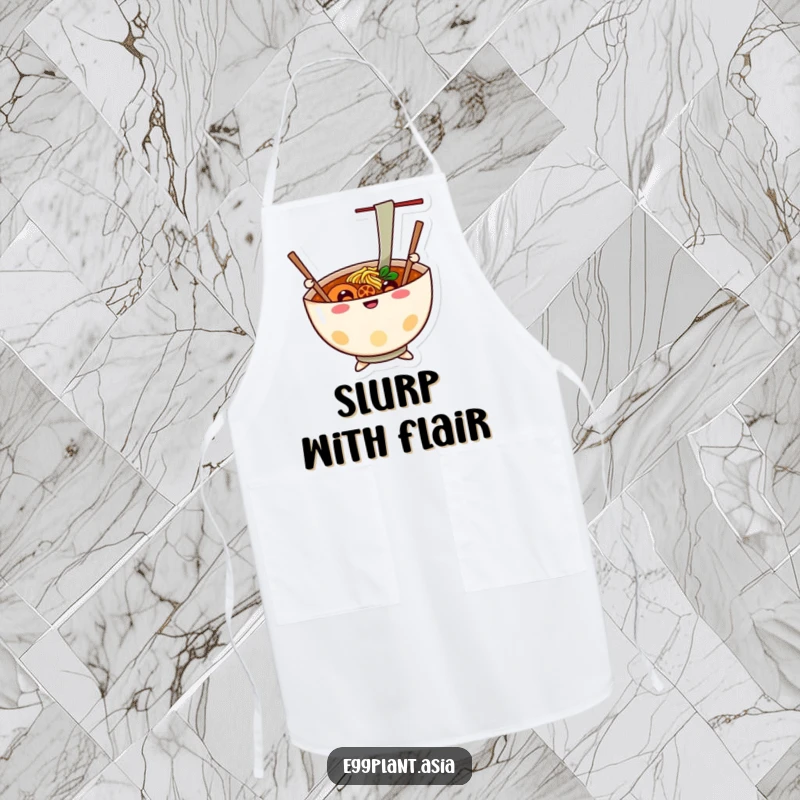 Funny cheerful ramen bowl character with chopsticks waving like arms on a protective and humorous apron.