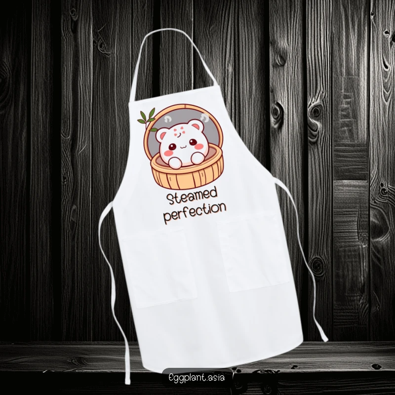 Funny shy, blushing bao bun character peeking from a bamboo steamer on a protective and humorous apron.