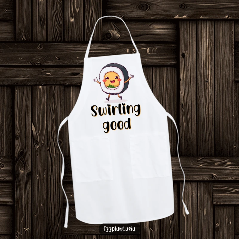 Funny sushi roll character with tiny legs doing a joyful jig on a protective and humorous apron.