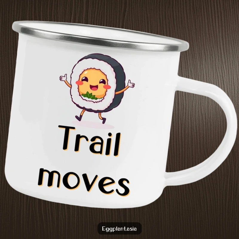 Funny sushi roll character with small legs doing a jig on a sturdy enamel camping mug for outdoor enjoyment.