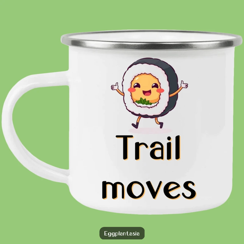 Funny Sushi Jig Enamel Mug: Adventure with Dancing Sushi Roll