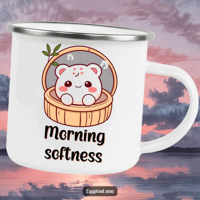 Funny shy, blushing bao bun character peeking from a bamboo steamer on a sturdy enamel camping mug.