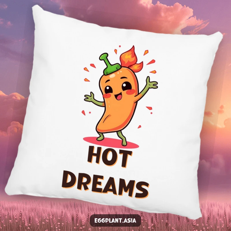 Funny spicy pepper character doing a fiery dance with animated sparks, featured on a plush pillow.