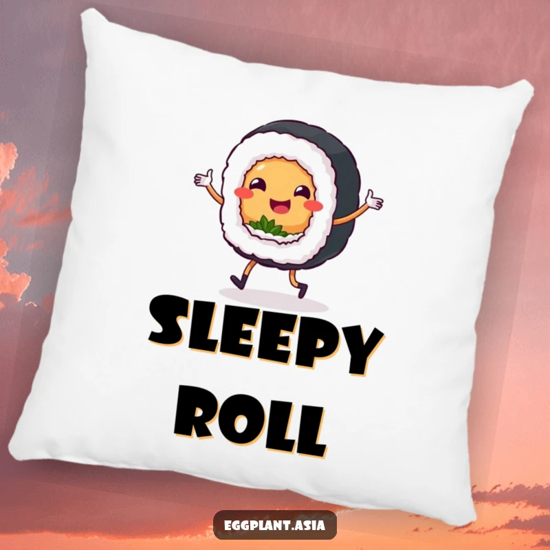 Funny sushi roll character with small legs dancing a jig, featured on a plush pillow for cozy enjoyment.
