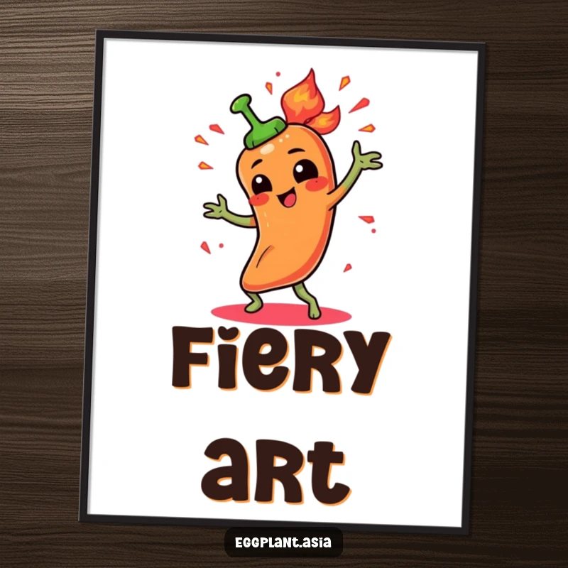 Funny spicy pepper character doing a fiery dance with animated sparks, a high-resolution digital art print.