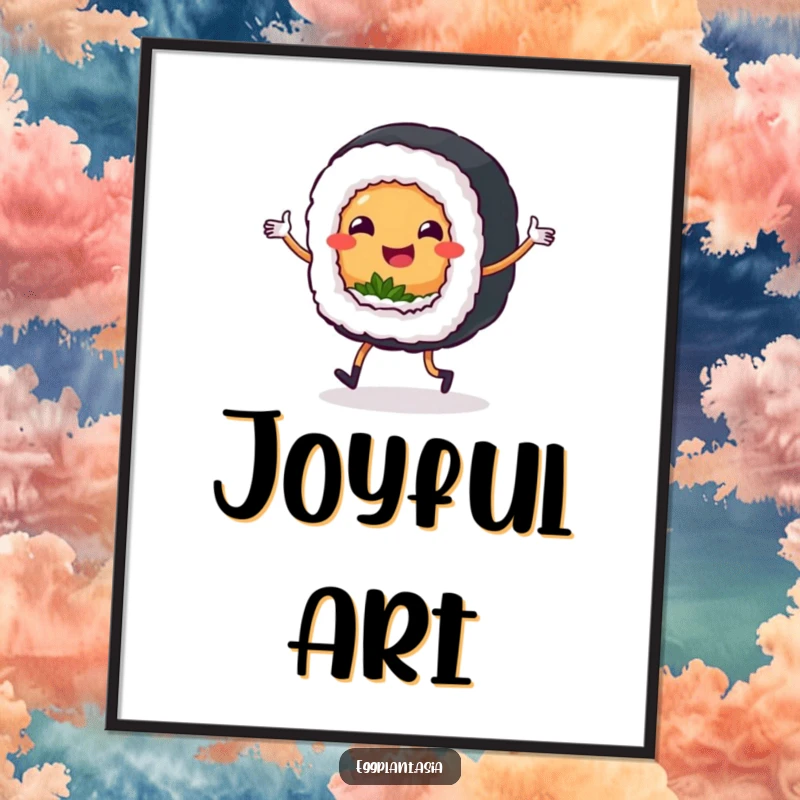 Funny sushi roll character with tiny legs dancing a jig, a high-resolution digital art print for instant cheer.