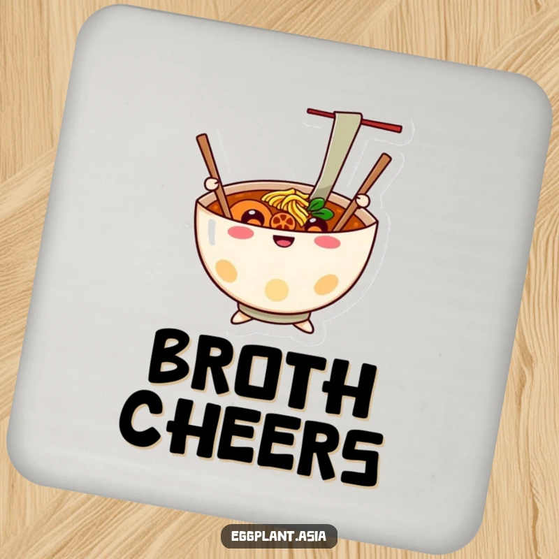 Funny cheerful ramen bowl character with chopsticks waving like arms on a protective coaster.