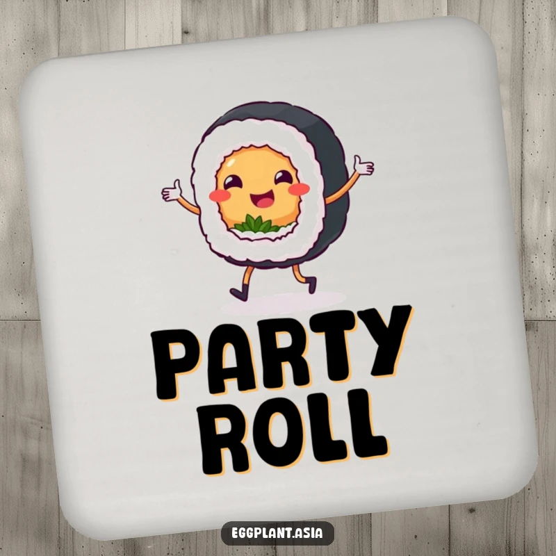 Funny smiling sushi roll character with tiny legs dancing a jig on a protective coaster for tabletops.