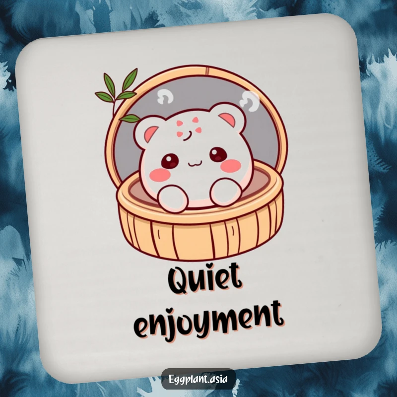Funny shy, blushing bao bun character peeking from a bamboo steamer on a protective coaster.