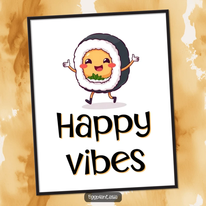 Funny dancing sushi roll character with tiny legs mid-jig, creating a vibrant and cheerful poster.