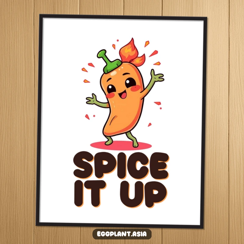 Funny spicy pepper character performing a fiery dance with animated sparks, creating a vibrant poster.