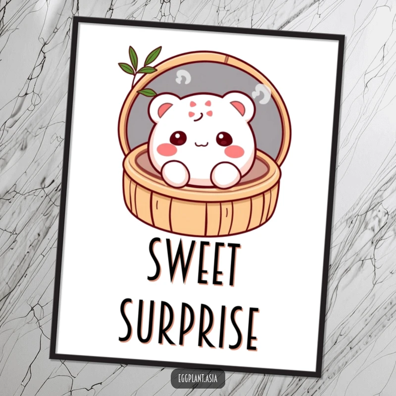 Funny shy, blushing bao bun character peeking from a bamboo steamer, creating a heartwarming poster.