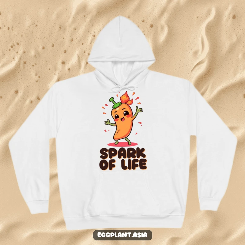 Funny spicy pepper character doing a fiery dance with animated sparks, depicted on a cozy hoodie.