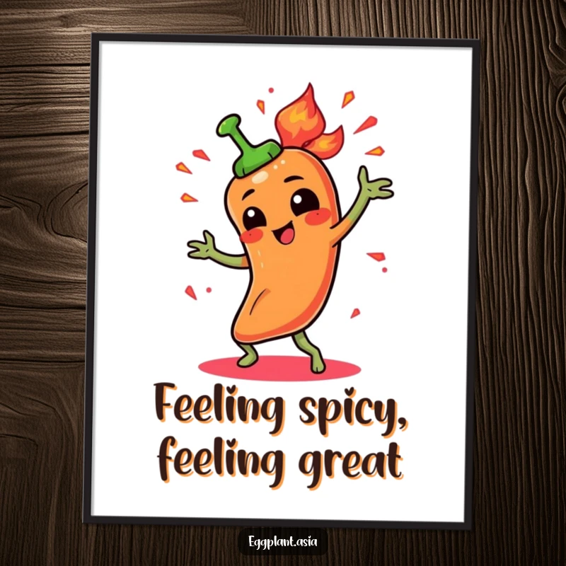 Funny Free Printable Wall Art: Spicy pepper character dances fiery, with animated sparks, adding intense flavor.