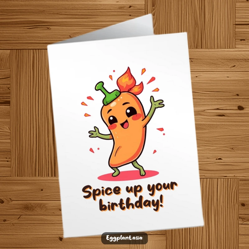 Funny Free Printable Happy Birthday Card: Spicy pepper character dances fiery, with animated sparks, celebrating with zest.