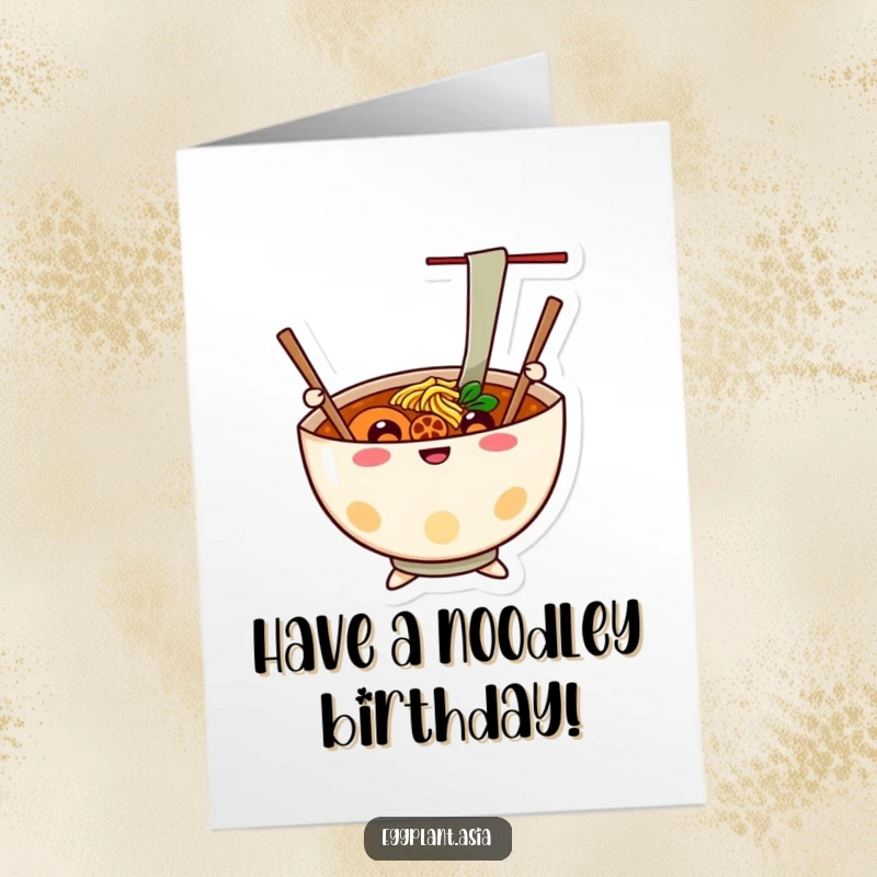 Funny Free Printable Happy Birthday Card: Cheerful ramen bowl character waves chopsticks like arms, celebrating zestfully.