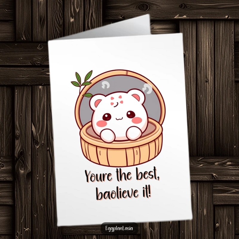 Funny Free Printable Congratulations Card: Shy, blushing bao bun peeks from a bamboo steamer, offering sweet congrats.