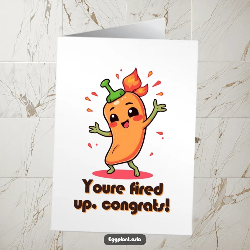 Funny Free Printable Congratulations Card: Spicy pepper character performs a fiery dance with animated sparks, cheering success.