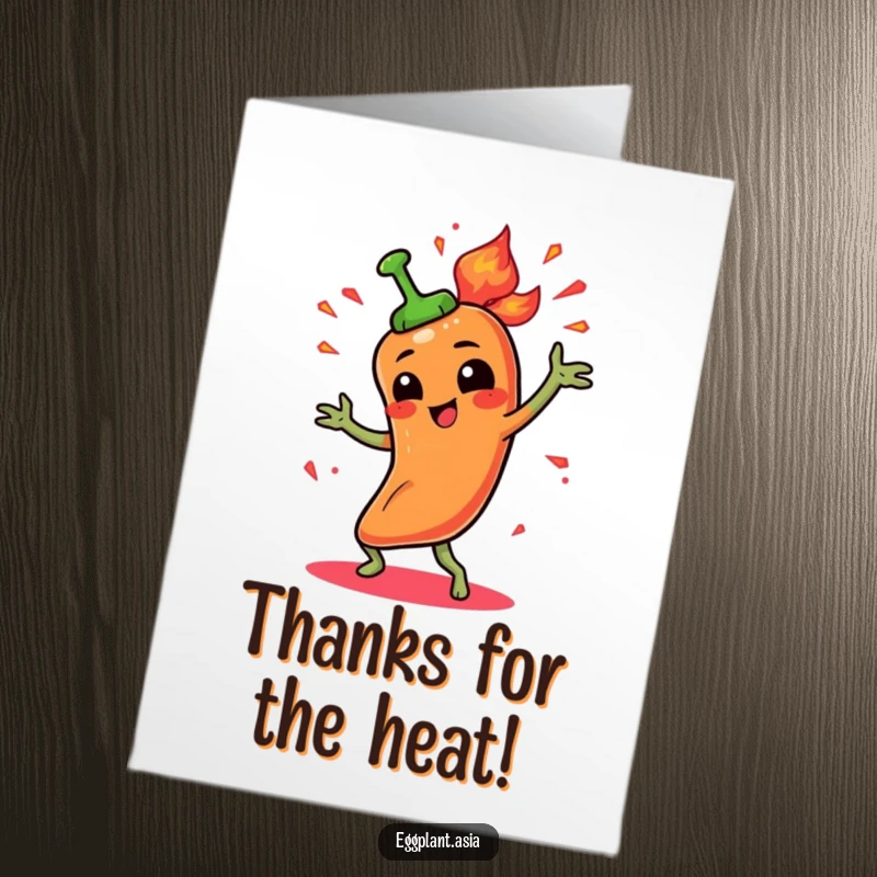 Funny Free Printable Thank You Card: Spicy pepper character dances fiery, with animated sparks, showing thanks.