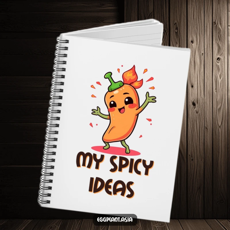 Funny spicy pepper character doing a fiery dance with animated sparks on a notebook cover.