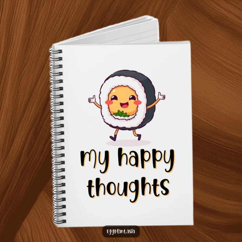 Funny sushi roll character with tiny legs dancing a jig on a notebook cover, ideal for jotting down ideas.