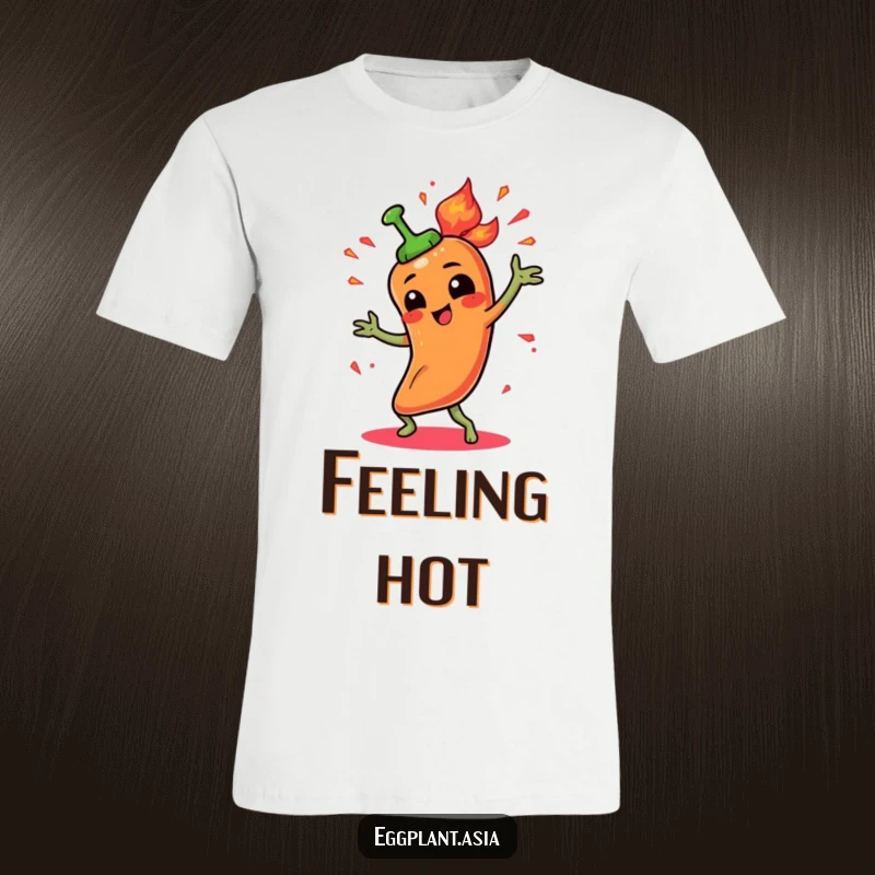 Funny spicy pepper character doing a fiery dance with animated sparks, printed on a comfortable t-shirt.
