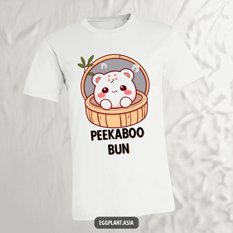Funny shy and blushing bao bun character peeking from a bamboo steamer, printed on a comfortable t-shirt.