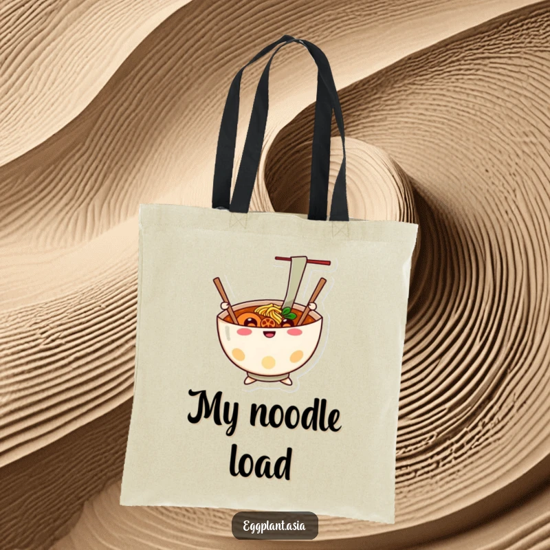 Funny cheerful ramen bowl character with chopsticks waving like arms on a practical tote bag.